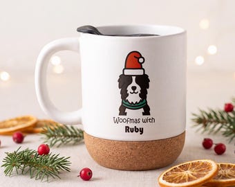 Personalised Christmas Collie Dog Mug, Custom Dog Name Ceramic Coffee Cup, Woofmas Gift