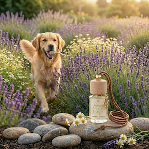 Op de afbeelding: Een golden retriever rent door een veld met lavendel en madeliefjes, met een stok in zijn bek. Een kleine glazen fles met een houten dop en een leren koord staat op een steen. De fles heeft de tekst "Paws & Calm".