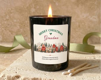 Personalised Christmas Candle for Grandma, Soy Wax Village Scene Gift
