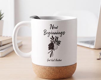 Personalised New Beginnings Mug, Floral Good Luck Ceramic Cup, Leaving Gift
