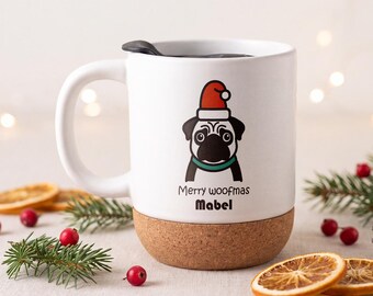 Personalised Pug Christmas Mug, Custom Dog Name Ceramic Coffee Cup, Woofmas Gift
