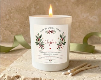 Personalised Christmas Soy Candle, Custom Name Gift, Festive Botanical Design (2026)