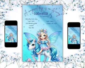 Può includere: Un invito blu e viola con una fata che cavalca un unicorno. L'invito dice "A magical day is on its way Gabriella is turning 5" con i dettagli per una festa il sabato 21 luglio dalle 14:00 alle 17:00 in 102 Rainbow Lane, Londra, N21 3BU. RSVP a Mary al 07885-291-439.