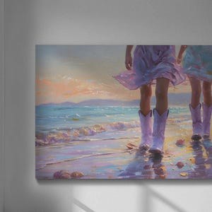 Cowgirls At The Beach Printable Wall Art, Cute Country Modern Wall Art Prints, Vintage Farmhouse Acrylic Digital Download Art Instant Access