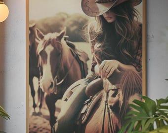 Cowgirl met paarden afdrukbare muurkunst, schattig neutraal land moderne muurkunst wordt afgedrukt, vintage boerderij digitale download kunst directe toegang