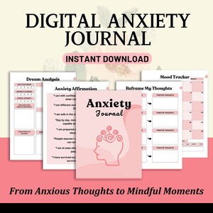 Digital Anxiety Journal with Journal Prompts, Mindfulness Therapy Planner, CBT Printable Download, Digital Journal, Anxiety Journal