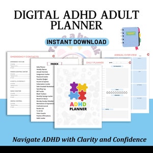 May include: A digital planner designed for adults with ADHD. The planner features a colourful puzzle piece logo and includes sections for daily planning, weekly planning, annual overview, emergency contacts, and an index. The text "ADHD Planner" is featured prominently on the cover.