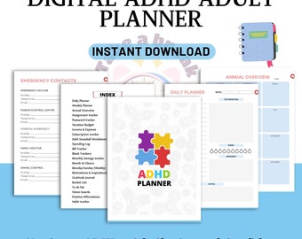 May include: A digital planner designed for adults with ADHD. The planner features a colorful puzzle piece logo and includes sections for daily planning, weekly planning, annual overview, emergency contacts, and an index. The text "ADHD Planner" is featured prominently on the cover.