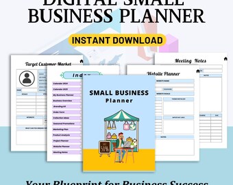 May include: A digital planner for small businesses with a light blue background and a cartoon illustration of a market stall with a person sitting at a laptop. The text "SMALL BUSINESS PLANNER" is in a light blue box with a yellow border. The text "INSTANT DOWNLOAD" is in a pink box with a white border. The text "Your Blueprint for Business Success" is at the bottom of the image.