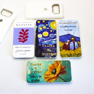 May include: Five different phone cases with various designs. The cases are white with a clear plastic cover over the design. The designs include a red leaf, a starry night scene, a couple in a field, a poppy flower, and a text design that says "Claire & Steven just married".