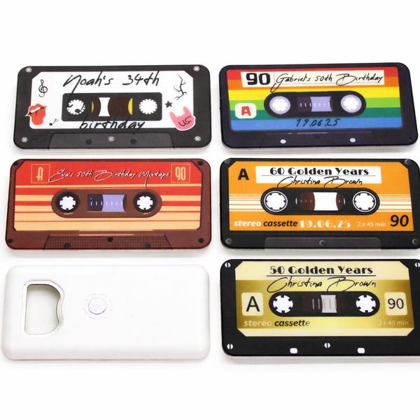Personalized Retro Cassette Magnet Birthday Favor, Bulk Party Favor, Custom Bottle Opener Magnet for Guests