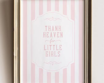 Arte de pared para habitación de niñas "Gracias al Cielo", frase vintage para habitación de bebé, láminas preppy para habitación de bebé, estampado de rayas rosas coquetas, arte cottagecore