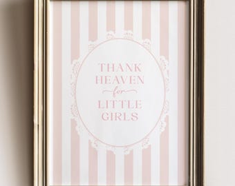 Arte de pared para habitación de niñas "Gracias al Cielo", frase vintage para habitación de bebé, láminas preppy para habitación de bebé, estampado de rayas rosas coquetas, arte cottagecore