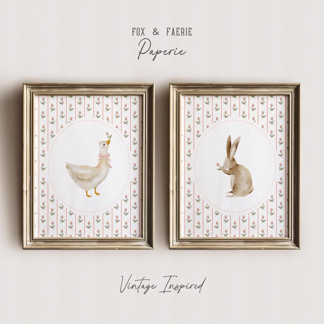 Cute Goose and Bunny Nursery Wall Art Set of 2, Vintage Rabbit Duck ...