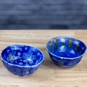 Set of 2 Hand-Painted Blue Ceramic Bowls – Floral Design Dishware, Glossy Glazed Pottery, Unique Kitchen Decor, Rustic Stoneware for Serving
