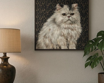 Vintage Persian Cat Print Wall Art, White Fluffy Cat Portrait, Realistic Kitty Painting, Black Wooden Frame Home Decor, Gift Cat Lovers 16''