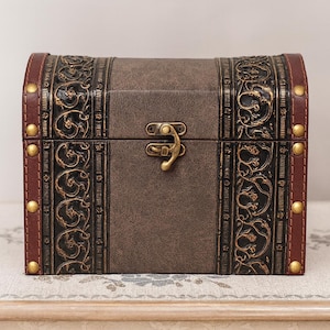 8&#39;&#39; Vintage Wooden Jewelry Box Covered With Leather, Bronze Metal Hardware, Smooth Touch, Decorative Storage Chest, Brown Trinket Trunk box