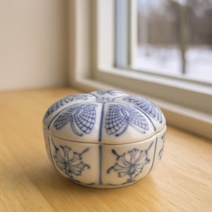 Vintage Porcelain Jewelry Box, Blue White Trinket Dish, Victorian Style Floral Container, 1970s Ceramic Trinket Jar Bedside Tabletop Box