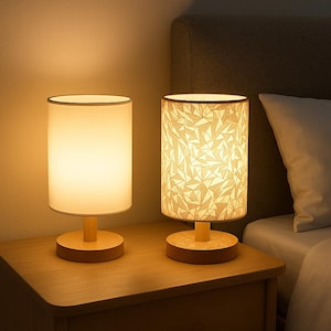 Handmade Wooden Linen Table Lamp with Warm LED Light – Touch Control USB Night Light – Modern Bedside Décor Gift, Warm Cool Lamp Decor 1 pcs