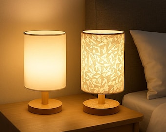 Wooden Linen Table Lamp with Warm LED Light – Touch Control USB Night Light – Modern Bedside Décor Gift, Warm Cool Lamp Decor 1 pcs