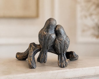 Figura romántica de pájaros enamorados en una rama, escultura de cerámica de pareja, estatua de pájaro para el Día de San Valentín, estante de estilo rústico, regalo de boda, decoración natural para el hogar.