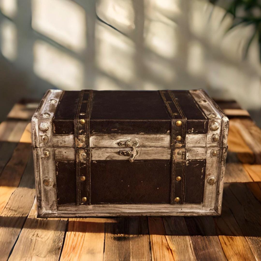 Vintage 9" Gray Wooden Chest With Leather & Bronze Accents, Antique ...