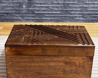 Vintage Handcrafted Wooden Storage Box Carved Lid, Brass Rustic Brown Trunk for Cigars or Keepsakes, 8'' Wooden Chest Gift, trinket box