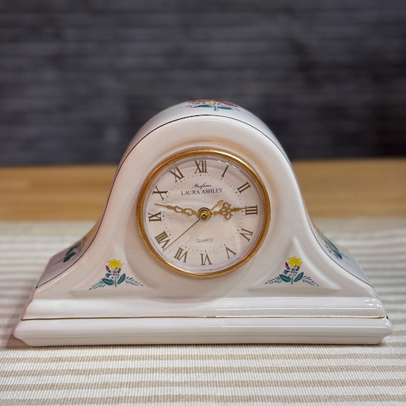Vintage White Ceramic Floral Clock, Laura Ashley Quartz 1990 UK