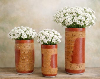Vintage Clay Vase Set of 3 Handmade Pottery Vases Rustic Folk Art Pottery Mexico 1960s Decorative Ceramic Vase Mid Century Home Decor, 8''