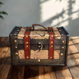 Baule in pelle vintage da 8,7 pollici in legno con dettagli in bronzo, scatola portaoggetti antica per gioielli, ricordi o decorazioni per la casa, regalo unico fatto a mano perfetto.