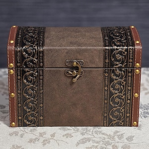 10&#39;&#39; Vintage Wooden Box Covered With Leather, Bronze Metal Hardware, Smooth Touch, Decorative Storage Chest, Jewelry Trinket Box Trunk