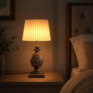 Vintage Spanish Pineapple Table Lamp, 1990s Tropical Regency Lighting, Brown Gold Resin Base, White Pleated Shade, Tall Bedroom Decor 29''