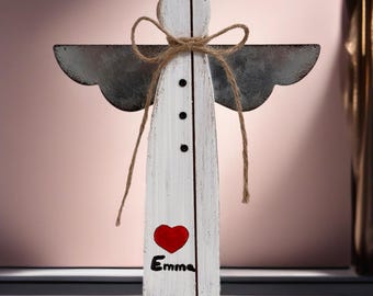 Personalized Valentine’s Day Gift Wooden Angel with Metal Wings, 9x7x1 Inches, Handcrafted Rustic Customized Love Heart Decoration