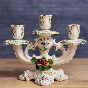 Vintage Italy Triple Candle Holder, Ceramic Candelabra With Peonies And Roses, Pink Floral Candlestick, 1970s Shabby Chic Decor Gift, 9&#39;&#39;