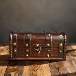 Baule vintage in legno e pelle da 7,5 pollici con dettagli in bronzo, scatola portaoggetti in stile antico per gioielli, ricordi o decorazioni per la casa, regalo unico perfetto.