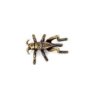 May include: A small, metallic, bronze-colored cricket figurine. The insect sculpture features detailed textures on its back, six articulated legs, and two antennae extending from its head, capturing the anatomical form of a cricket in a solid metal.
