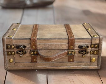 13'' Vintage wooden beige storage box, Handcrafted chest in Spain, Pirate-style trunk with leather straps, Metal hardware trinket Home gift