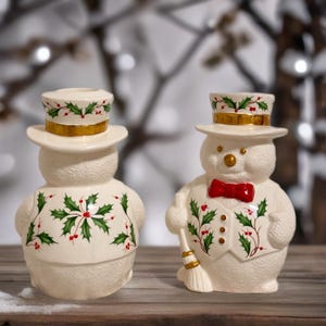 Set of 2 Vintage Lenox Holiday Snowman Ceramic Candle Holders