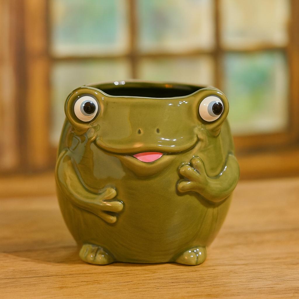 Vintage Ceramic Frog Planter, Handmade Frog Flower Pot, Green Frog