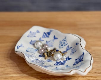 Coastal Jewelry Dish, Ceramic Trinket Tray, Whale Ring Holder