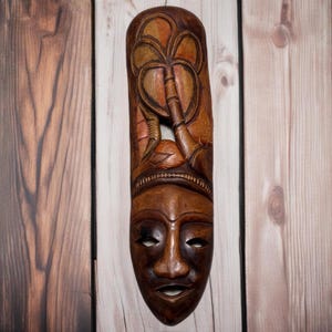 Hand-Carved African Tribal Mask with Palm Tree Design - Vintage 1950s Ghanaian Wood Art, 19&#39;&#39; Unique Wall Hanging Decor, Wooden Mask Gift