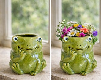 Vintage Ceramic Frog Planter, Handmade Frog Flower Pot, Green Frog Garden  Pot, Container For Plants, Cute Frog Holder For Desk, Frog Decor