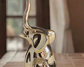 5'' Gold Ceramic Elephant Figurine, Handmade Elephant Statue, India Decor Glossy Elephant with Trunk Up, Lucky Elephant Gift for Home