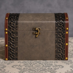 12.5&#39;&#39; Vintage Wooden Box Covered Leather, Bronze Metal Hardware, Smooth Touch, Decorative Storage Chest, Jewelry Trinket Box, Brown Trunk