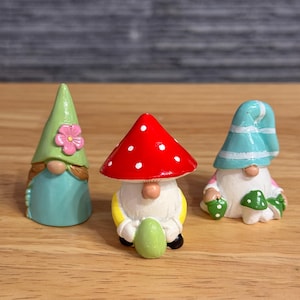 Handmade Ceramic Gnome Set, Cute Gnomes for Shelf Decor, Whimsical Mushroom Gnomes, Pastel Colors Garden Fairy Figurines, 2&#39;&#39; 3 Piece Set