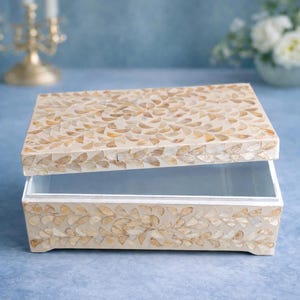Vintage Handmade Wooden Shell Inlay Jewelry Box 12'' Spanish Coastal Decor Mother Of Pearl Mosaic Keepsake Storage Chest Trunk Spain Gift