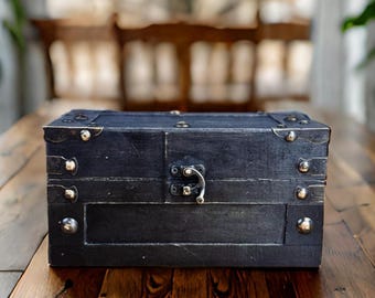 Vintage 8.7" Handmade Wooden Chest Bronze Details, Antique Black Storage Box for Jewelry, Keepsakes, or Home Decor, Perfect Unique Gift
