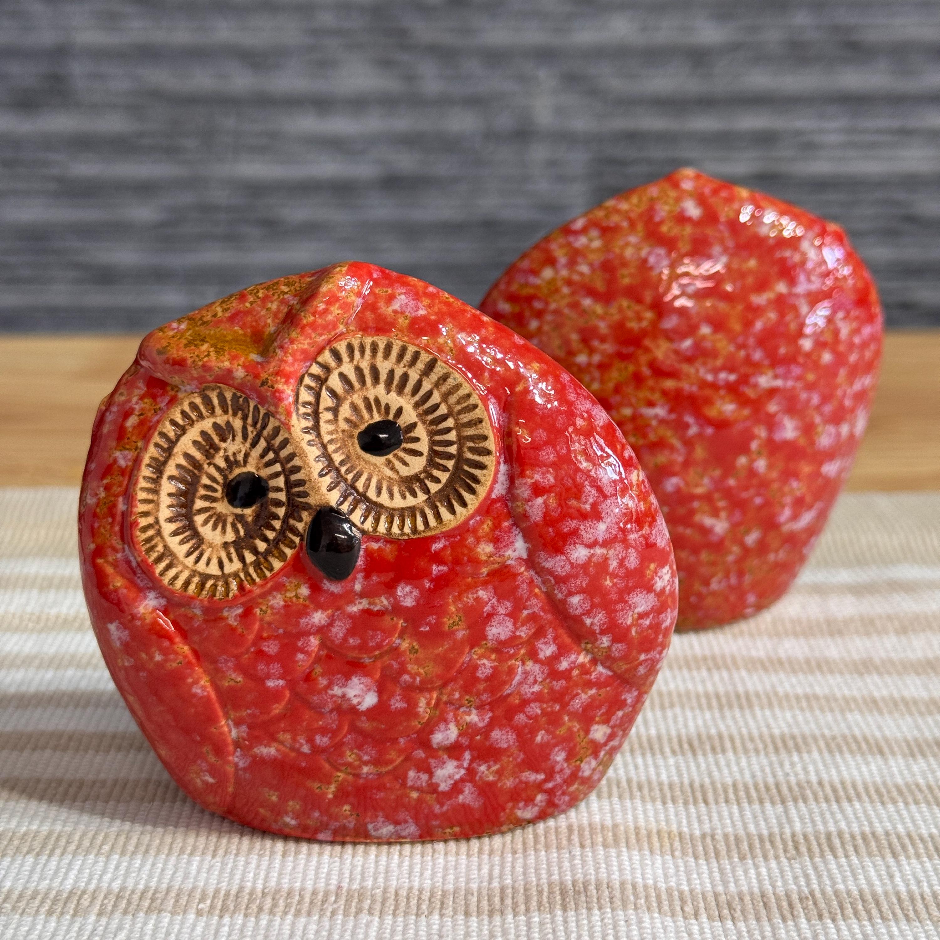 3.5'' Handmade Ceramic Owl Figurine, Red Lucky Owl Decor, Indoor Outdoor Garden Owl, Wisdom 