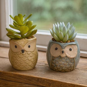 May include: Two ceramic owl planters, one tan and one blue-grey, each holding a succulent plant. The owl planters have detailed facial features and textured bodies. The plants have green and light green leaves, and the planters sit on a wooden surface.
