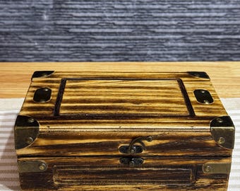 9'' Vintage Wooden Chest Storage Box Trunk, Handmade Brown Keepsake Box with Bronze Metal Accents, Decorative Jewelry Organizer  Home Gift